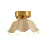 White Glass Brass Flush Lamp - Scalloped/Shell/Trapezoid Design 1-Light Cottage Ceiling Mount For