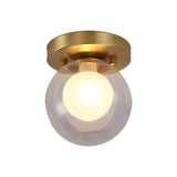 Brass Dual Orb Ceiling Flush Mount Fixture With Clear And Opal Glass