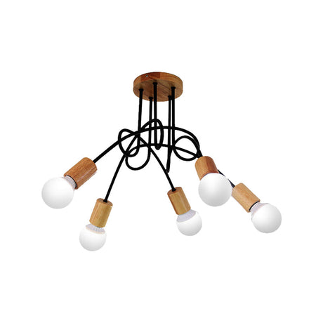 Industrial Metal Ceiling Flush Mount With Bulb 3/5 Lights Wooden Cap