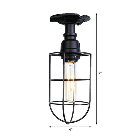 Vintage Wire Guard Ceiling Light For Corridors - Black/Bronze Semi-Flush Mount With 1 Bulb