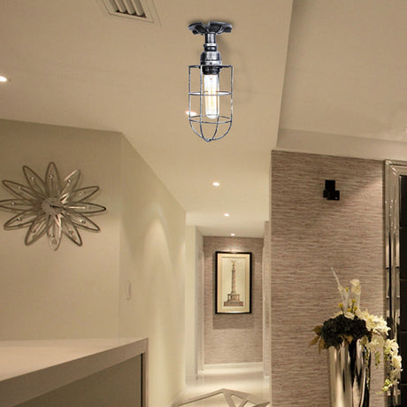 Vintage Wire Guard Ceiling Light For Corridors - Black/Bronze Semi-Flush Mount With 1 Bulb Aged