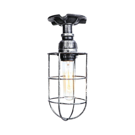 Vintage Wire Guard Ceiling Light For Corridors - Black/Bronze Semi-Flush Mount With 1 Bulb