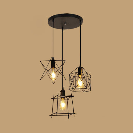 Vintage Black Wire Frame Pendant Lamp With 3 Unique Shades: Ideal Coffee Shop Lighting Fixture