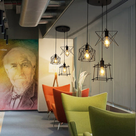 Vintage Black Wire Frame Pendant Lamp With 3 Unique Shades: Ideal Coffee Shop Lighting Fixture /
