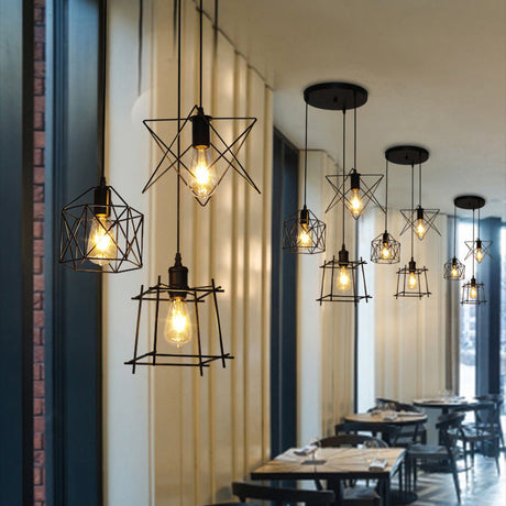 Vintage Black Wire Frame Pendant Lamp With 3 Unique Shades: Ideal Coffee Shop Lighting Fixture