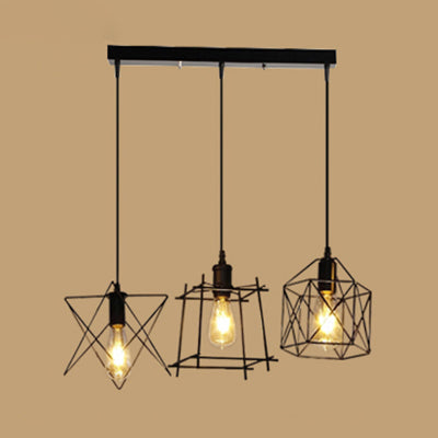 Vintage Black Wire Frame Pendant Lamp With 3 Unique Shades: Ideal Coffee Shop Lighting Fixture