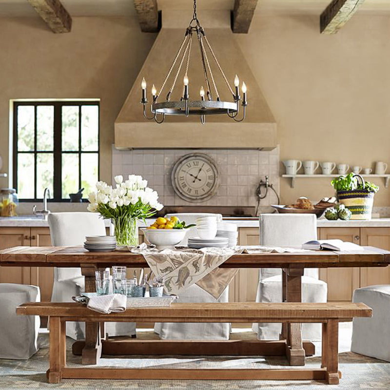 Rustic 6-Head Metal & Rope Ceiling Chandelier For Restaurants - Vintage Candle Lamp With Open Bulbs