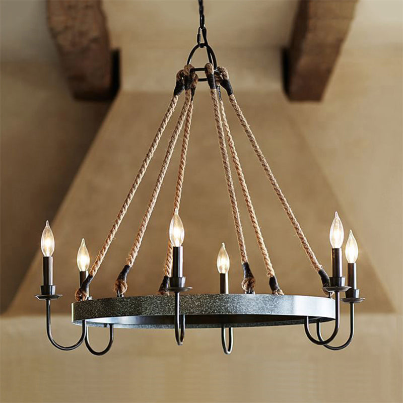 Rustic 6-Head Metal & Rope Ceiling Chandelier For Restaurants - Vintage Candle Lamp With Open Bulbs