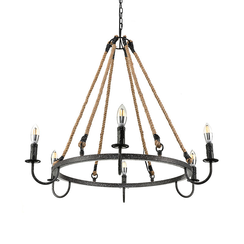 Rustic 6-Head Metal & Rope Ceiling Chandelier For Restaurants - Vintage Candle Lamp With Open Bulbs
