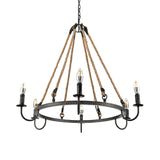 Rustic 6-Head Metal & Rope Ceiling Chandelier For Restaurants - Vintage Candle Lamp With Open Bulbs