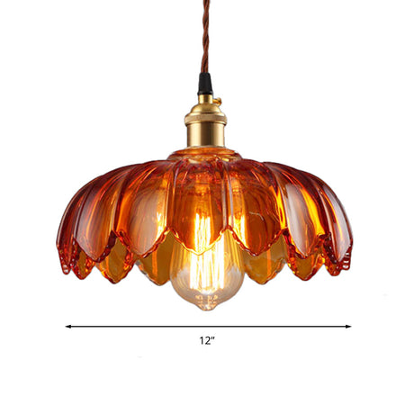 Vintage Scalloped Amber Glass Pendant Light For Corridors - Single Bulb Hanging Fixture 8/10/12 Wide