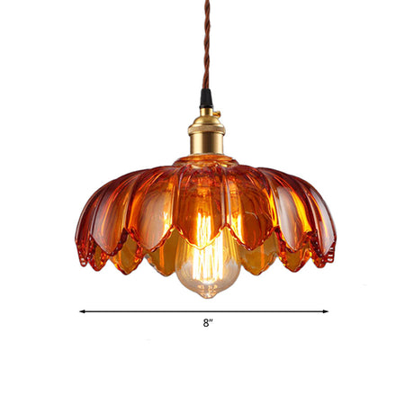 Vintage Scalloped Amber Glass Pendant Light For Corridors - Single Bulb Hanging Fixture 8/10/12 Wide
