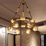 Farmhouse Globe Chandelier Lamp With Amber Glass Shade In Black For Restaurant - 6/8 Lights Rope