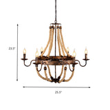 Rustic 6-Light Indoor Hanging Lamp: Flameless Candle Iron Chandelier With Hemp Rope - Farmhouse