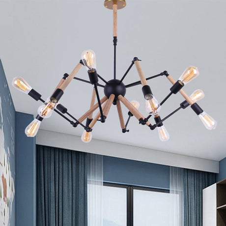 Lodge Style Open Bulb Chandelier: Adjustable 6/8-Head Wood And Metal Ceiling Light Fixture 12 /