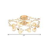 Gold Metal Leaf Design Semi Flush Mount Ceiling Light With Prismatic Crystal Flowers And 8 Bulbs -