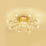 Modernist Gold Branch Ceiling Fixture With Faceted Crystal Semi Flush Mount Lighting - 5 Or 8 Bulbs