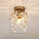 Modern Corolla Crystal Close To Ceiling Lamp - 1 Light Semi Flush Mount Brass Lighting For Corridors