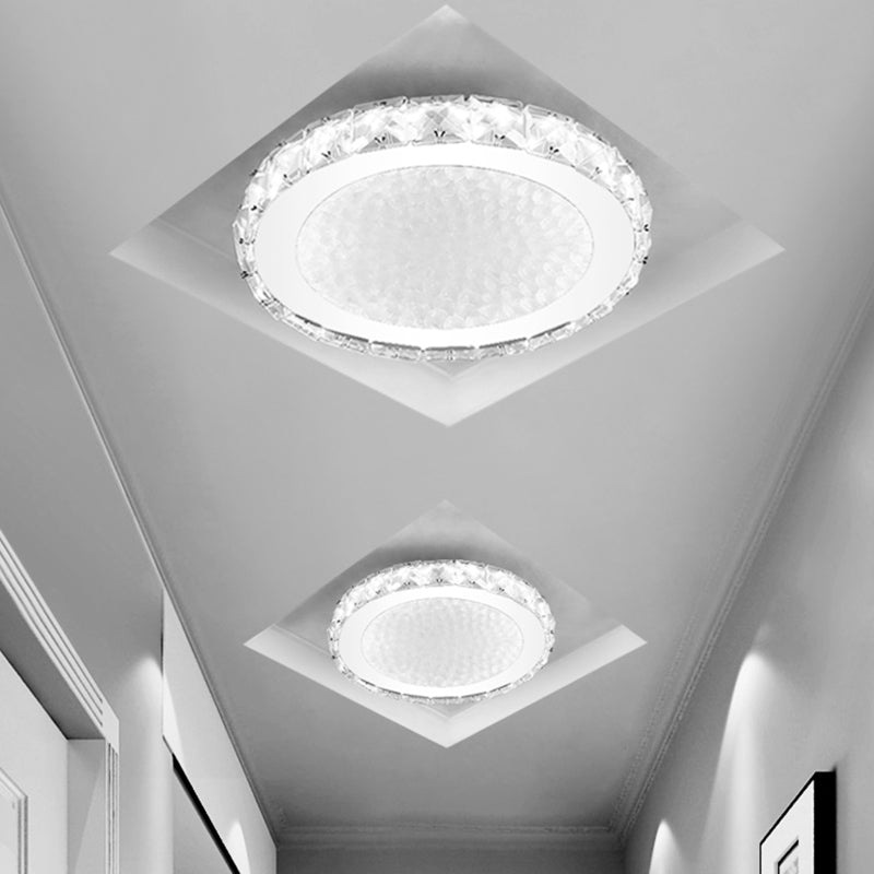 Crystal Block Led Circle Flush Mount Lamp: Sleek Chrome Design Warm/White Corridor Ceiling Lighting