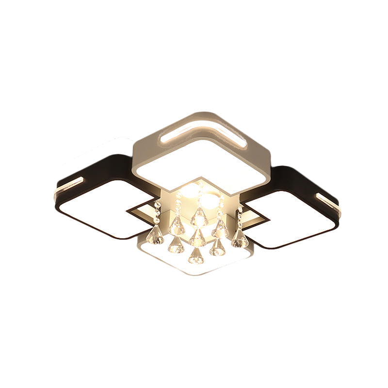 Modern Square Led Flushmount Light Fixture With Crystal Drop And Warm/White Lighting In Black White