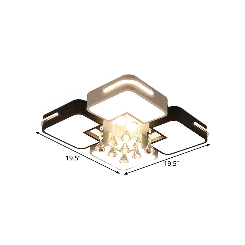 Modern Square Led Flushmount Light Fixture With Crystal Drop And Warm/White Lighting In Black White