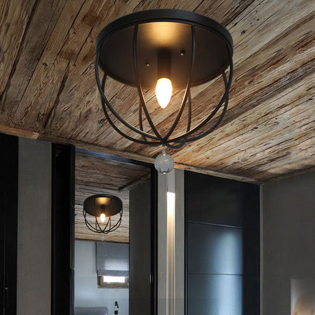 Retro Black Metallic Flush Mount Ceiling Light With Wire Cage And Clear Crystal Ball - 1/4/5 Heads 1