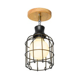 Industrial Loft Ceiling Fixture With Wire Cage And Rotatable Bulb - Black Metallic Semi-Flush Mount