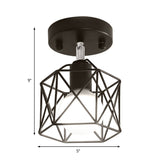 Industrial Loft Black Iron Hexagon Semi Flush Ceiling Light With Wire Guard For Kitchen