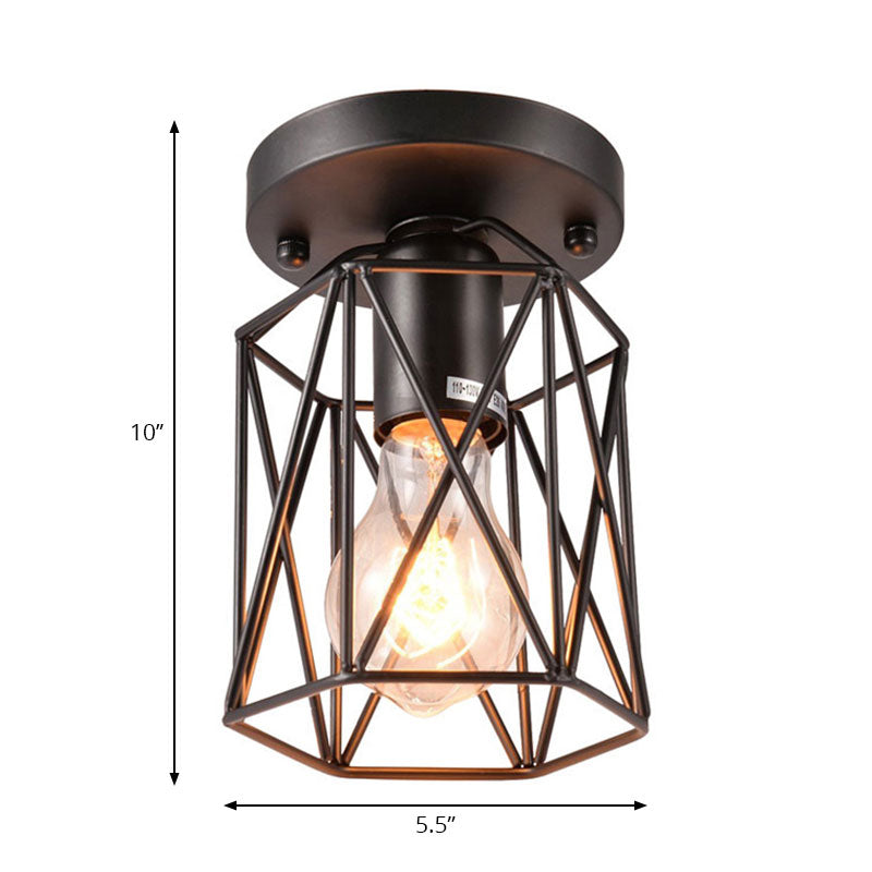 Vintage Style Black Wire Cage Semi Flush Light Ceiling Mounted Fixture For Kitchen