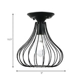 Retro Loft Globe/Pear Cage Ceiling Fixture - Metallic Semi-Flush Mount Light In Black For Hallway