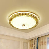 Opaline Glass Drum Flush Mount With Gold Led And Elegant Floral Pattern