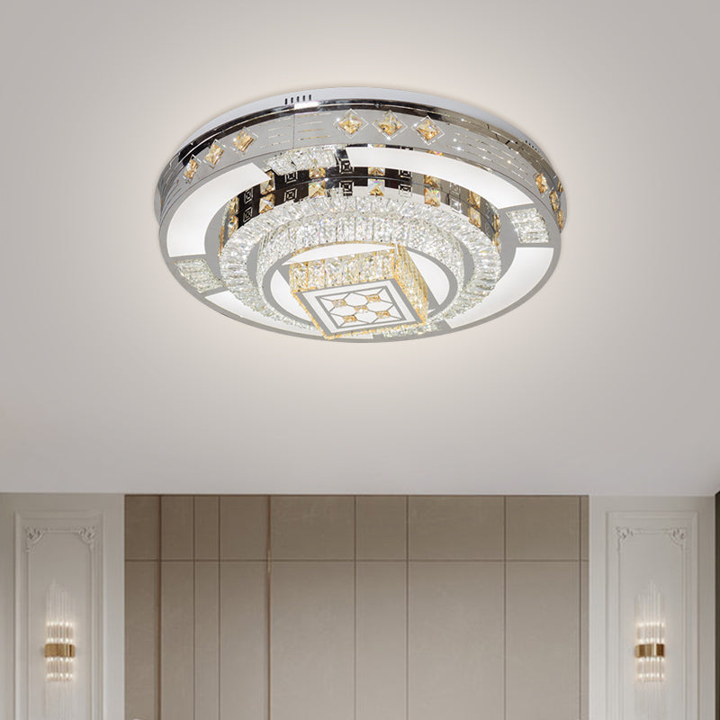 Modern Chrome Led Round Flush Mount Crystal Ceiling Light In Warm/White 19.5/31.5 Wide