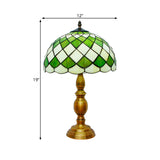 Classic Green Hand Cut Glass Nightstand Lamp With Grid Pattern - Single Bulb Dome Desk Light