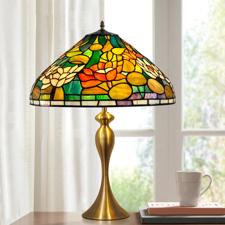 Vintage Conical Stained Glass Desk Lamp - Multicolored Night Light With Lotus Pattern In Brass