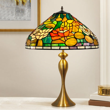Vintage Conical Stained Glass Desk Lamp - Multicolored Night Light With Lotus Pattern In Brass