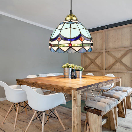 Dining Table Hanging Lights: Tiffany Style Art Glass Pendant Lamp With Blue Floral Shade