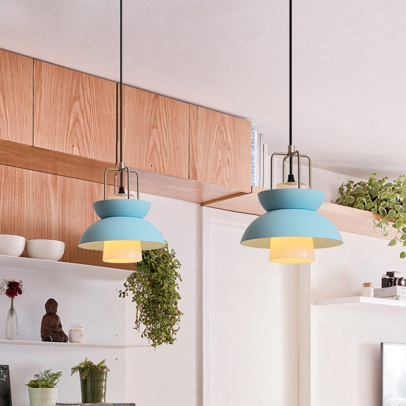 Macaron Style Gray/Pink Bedroom Ceiling Light With Metallic Shade 1-Light Hanging Fixture Blue