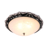 Rural Black Domed Flush Mount Lamp With Frosted Glass Ceiling And Leave/Flower Deco 3-Light 14/19.5