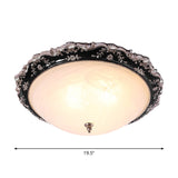 Rural Black Domed Flush Mount Lamp With Frosted Glass Ceiling And Leave/Flower Deco 3-Light 14/19.5