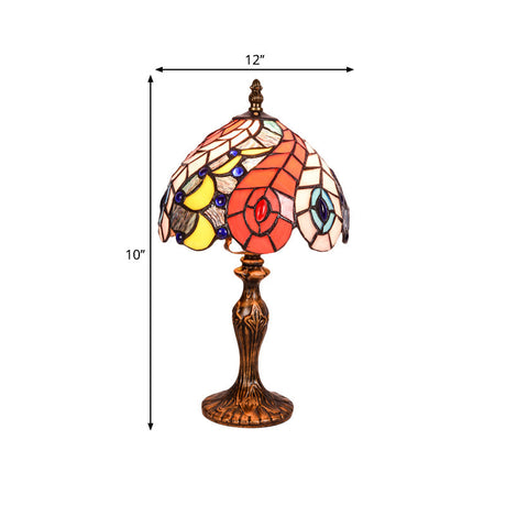 Baroque Brass Peacock Tail Patterned Table Lamp With Stained Glass Shade - 2-Light Night Light For