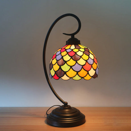 Tiffany Stained Glass Nightstand Lamp - Bronze Dome Shape With Fishscale Pattern