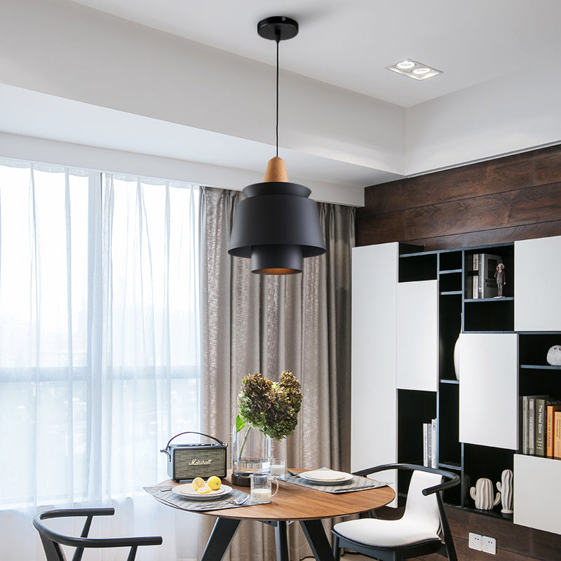 Modern 1-Head Dining Room Suspension Light With Tapered Metal Shade - Stylish Black/White Pendant