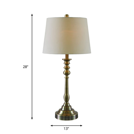 Gold Barrel Fabric Shade Night Table Lamp With Rural Style Candlestick Column - 1 Light Task
