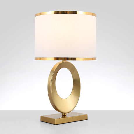 Antique Gold Drum Fabric Task Lighting Night Table Lamp With Circle Base