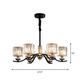 6-Bulb Black Crystal Prisms Bedroom Chandelier With Cylinder Hanging Ceiling Light