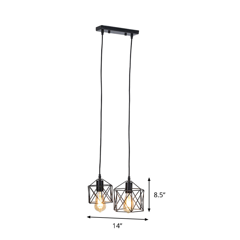 Hexagon Frame Multi Pendant Retro Style Black Metal Ceiling Hang Fixture With 2 Lights
