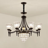 Modernism Chandelier Light: Black Flower Suspension Lamp With Beveled Crystal Shade 6/8 Bulbs