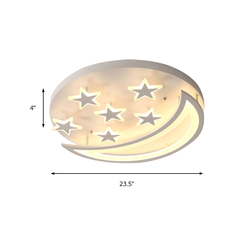 White Metal Moon And Star Flush Ceiling Light For Kids Cartoon Bedroom