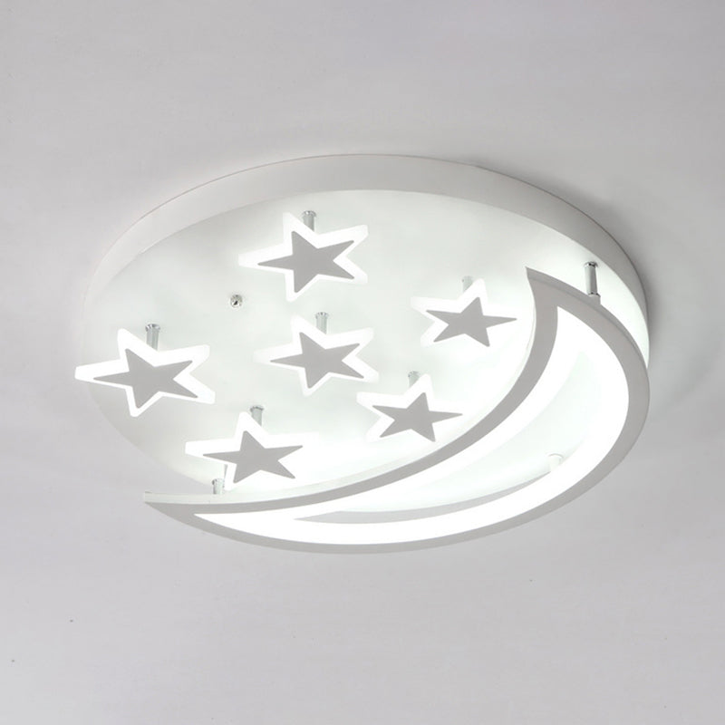 White Metal Moon And Star Flush Ceiling Light For Kids Cartoon Bedroom