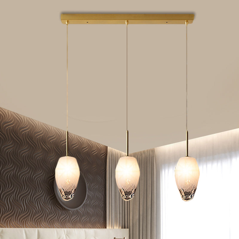 Gold Cut Crystal Pendant Light W/ Ice Staircase Design - 3 Heads Minimalist Down Lighting / Linear